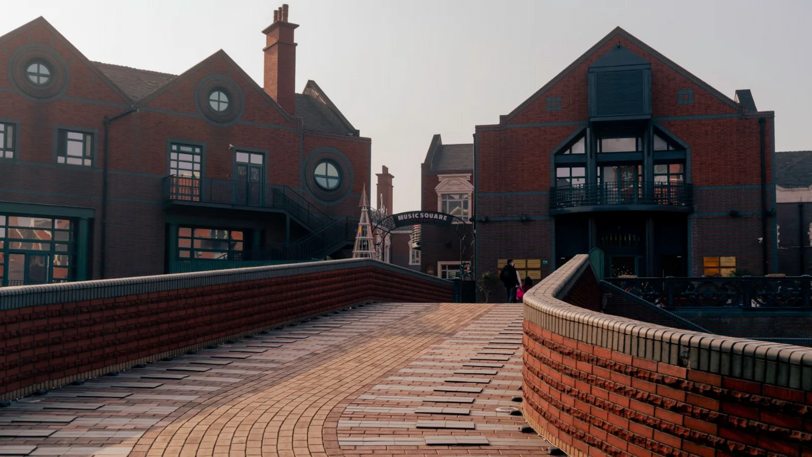 Red brick buildings along a town street