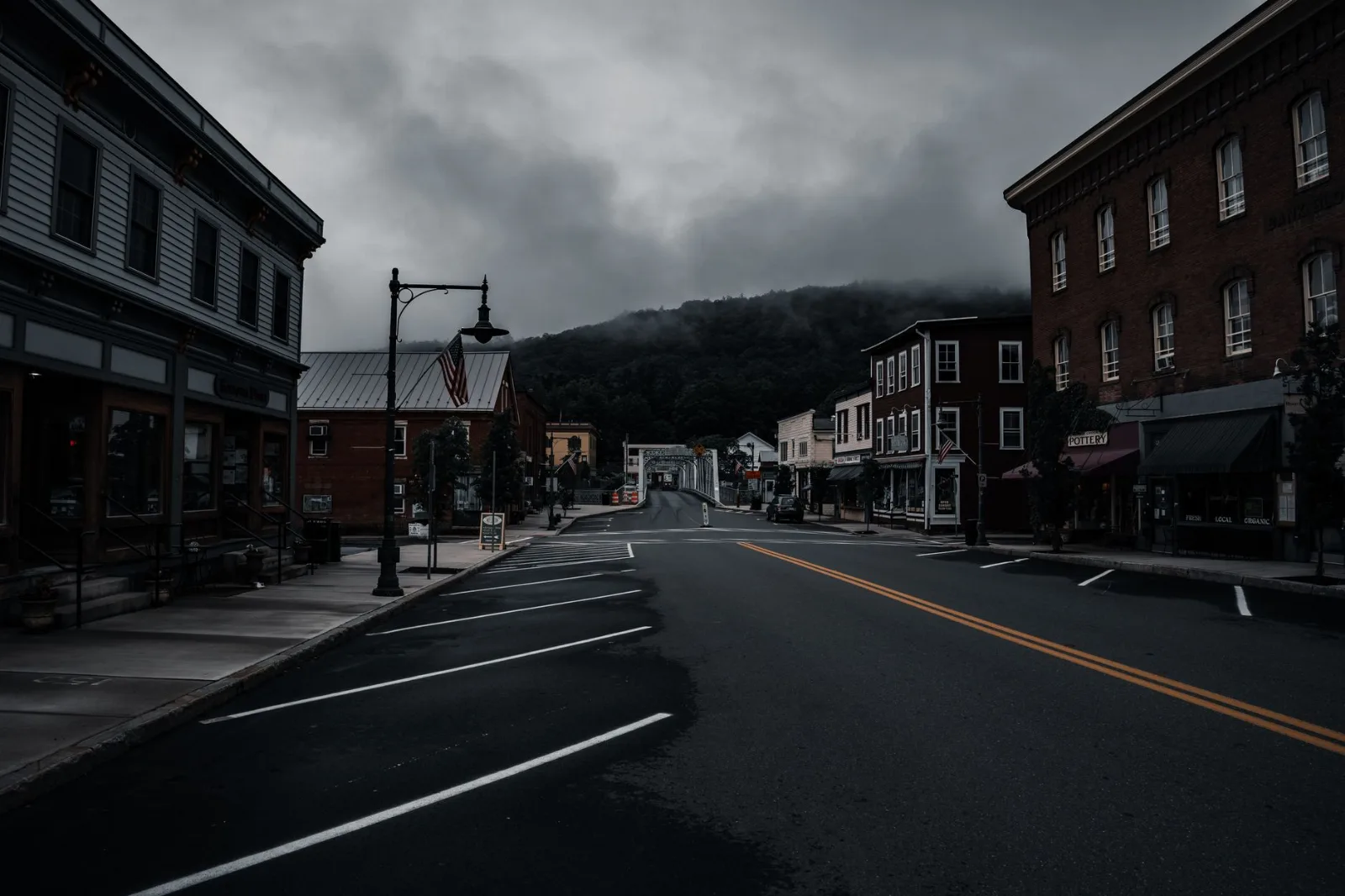 A main street of shopfronts in a small town